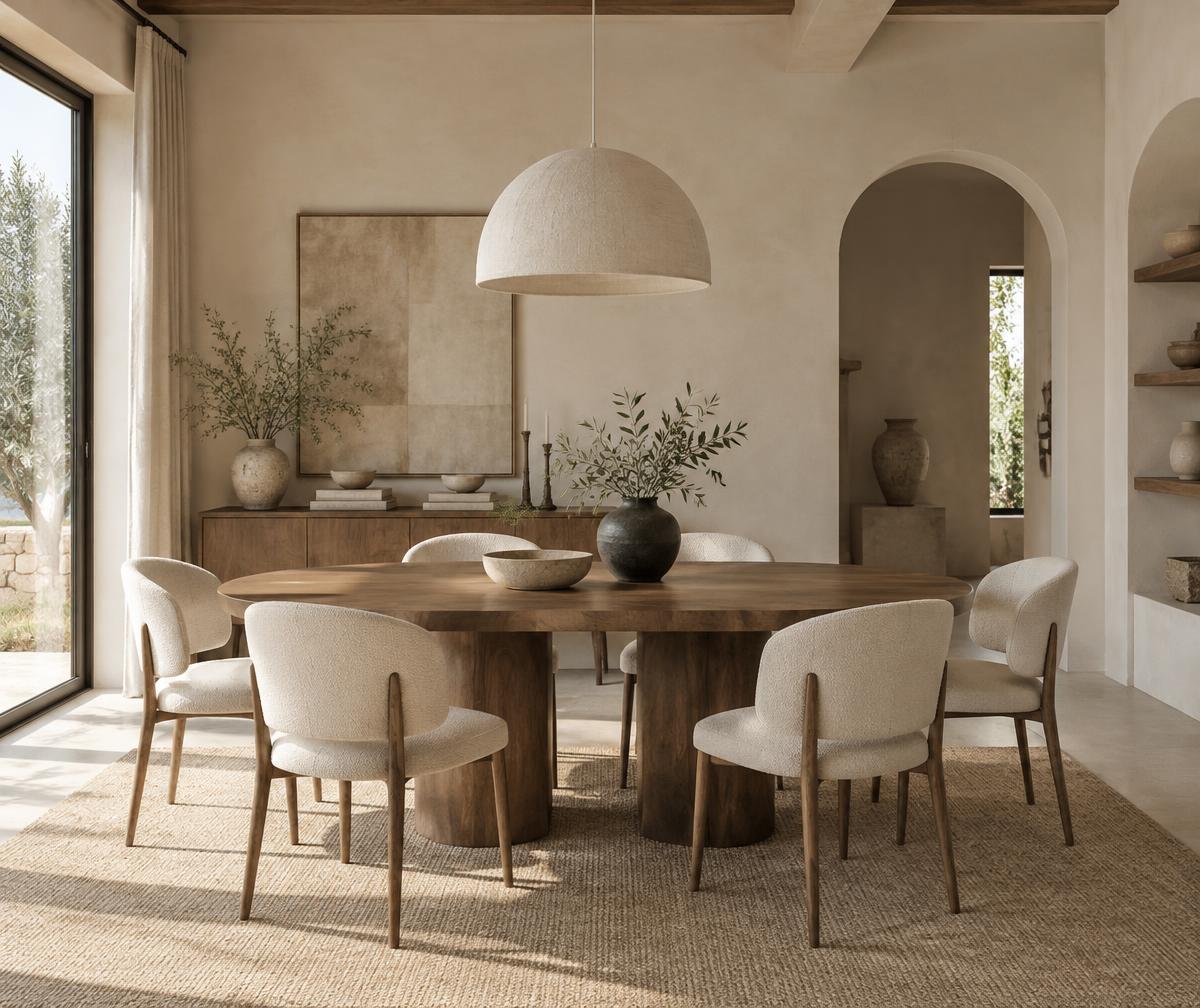 An intimate balance of wood, texture and light for gathering beautifully.