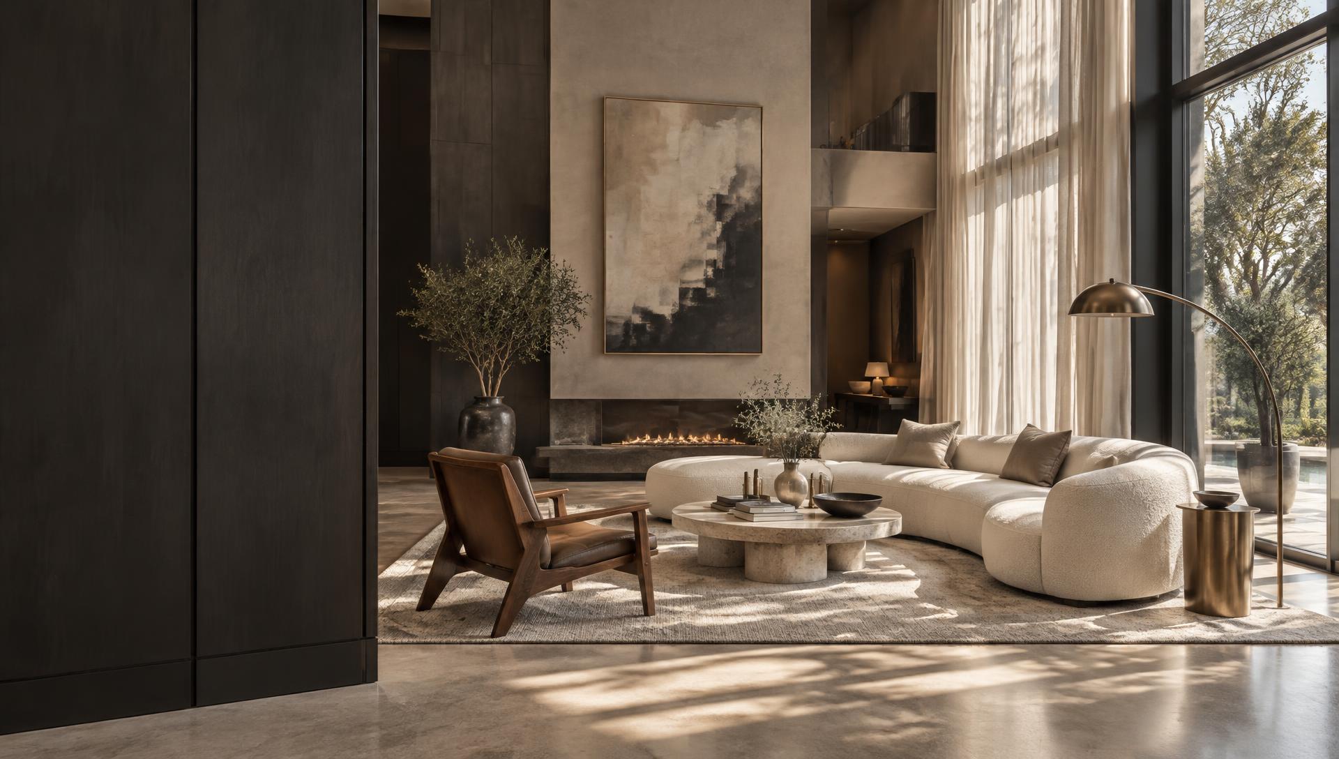 Sculptural ivory seating and natural stone in a considered living room